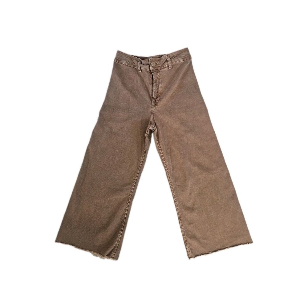 Zara Women Cropped High Rise Brown Cotton Blend Pants Button Size 8